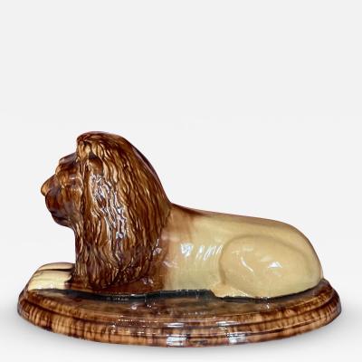 Antique Majolica Pottery Recumbent Lion Sculpture