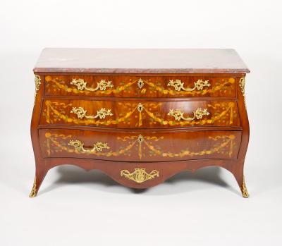 Antique Marble Top Floral Marquetry Inlaid Mahogany Commode Credenza