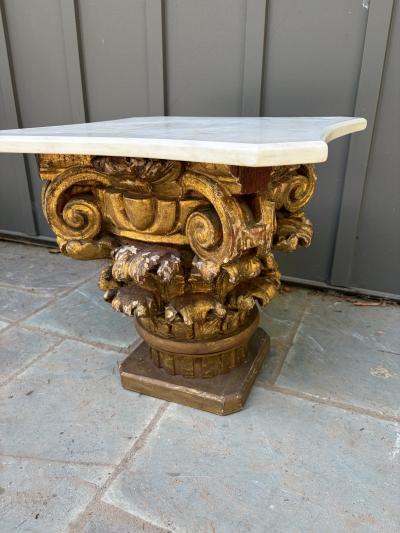 Antique Marble Top Gilt Wooden Architectural Corinthian Capital Table