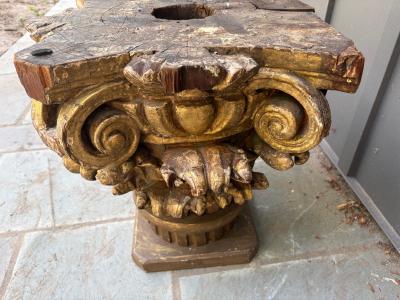 Antique Marble Top Gilt Wooden Architectural Corinthian Capital Table