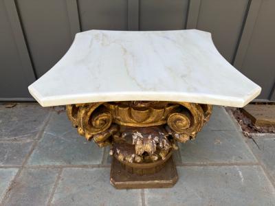 Antique Marble Top Gilt Wooden Architectural Corinthian Capital Table