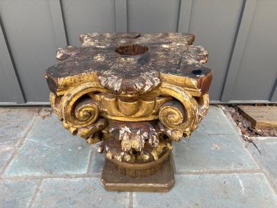 Antique Marble Top Gilt Wooden Architectural Corinthian Capital Table