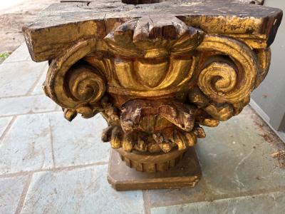 Antique Marble Top Gilt Wooden Architectural Corinthian Capital Table