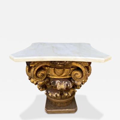 Antique Marble Top Gilt Wooden Architectural Corinthian Capital Table