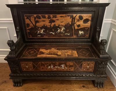 Antique Marquetry Inlaid Horse Dog Hunt Scene Settle Bench