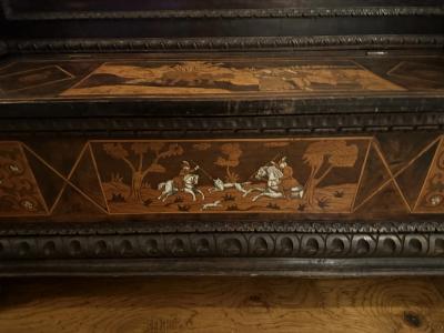 Antique Marquetry Inlaid Horse Dog Hunt Scene Settle Bench