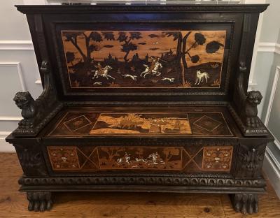 Antique Marquetry Inlaid Horse Dog Hunt Scene Settle Bench
