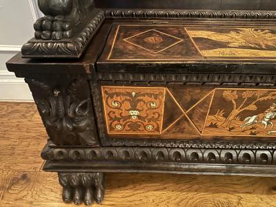 Antique Marquetry Inlaid Horse Dog Hunt Scene Settle Bench