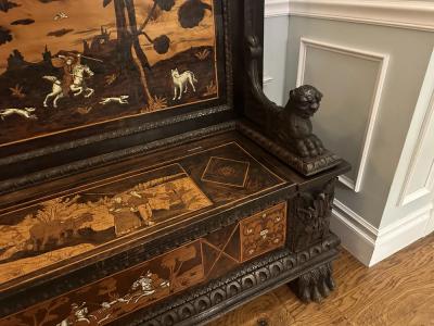 Antique Marquetry Inlaid Horse Dog Hunt Scene Settle Bench