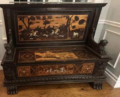 Antique Marquetry Inlaid Horse Dog Hunt Scene Settle Bench