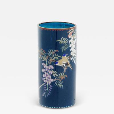 Antique Meiji Japanese Cloisonne Enamel Blue Vase Birds In Wisteria Tree Goto