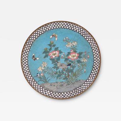 Antique Meiji Japanese Cloisonne Enamel Charger Plate Garden Afternoon