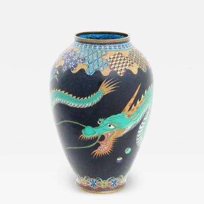 Antique Meiji Japanese Cloisonne Enamel Green Dragon Geometric Pattern Vase