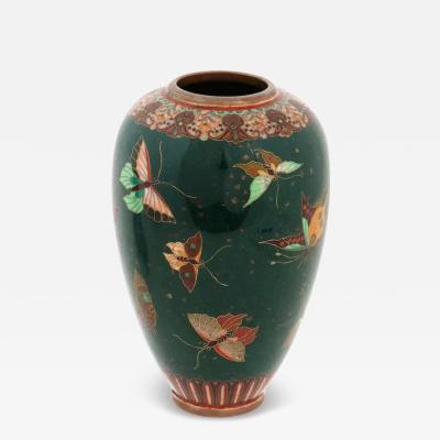 Antique Meiji Japanese Cloisonne Enamel Green Gold Stone Butterflies Vase