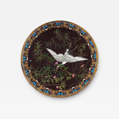 Antique Meiji Japanese Cloisonne Enamel Maroon Ground Plate With Crane In Bamboo