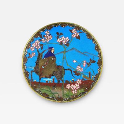 Antique Meiji Japanese Cloisonne Enamel Plate Depicting A Rider Cherry Blossom