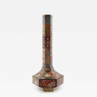 Antique Meiji Japanese Cloisonne Hexagonal Goldstone Enamel Vase