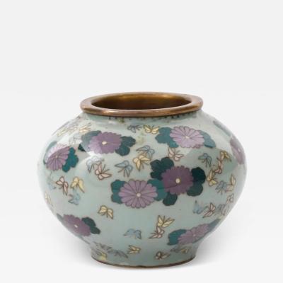 Antique Miniature Japanese Cloisonne Enamel Celadon Color Vase with Butterflies