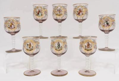 Antique Moser Decorated Salviati Venetian Murano Glass Stemware Set