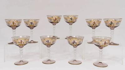 Antique Moser Decorated Salviati Venetian Murano Glass Stemware Set