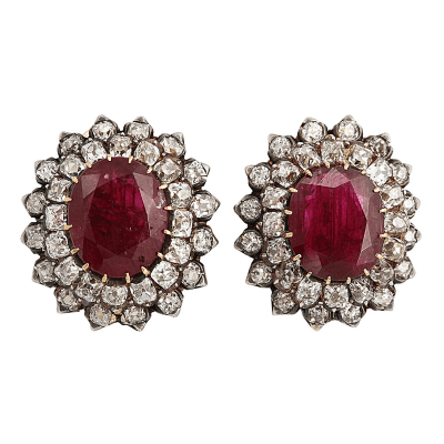 Antique Natural Burma Ruby Diamond Ear Clips