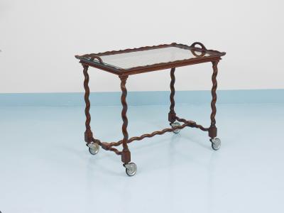 Antique Neo Baroque Italian Barley Twist Bar Cart Serving Trolley Italy 1920s