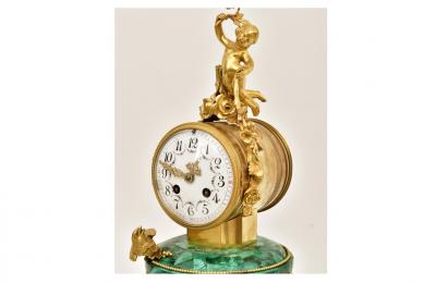 Antique Neoclassical Louis XVI Gilt Bronze Malachite Mantel Clock