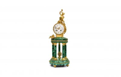 Antique Neoclassical Louis XVI Gilt Bronze Malachite Mantel Clock