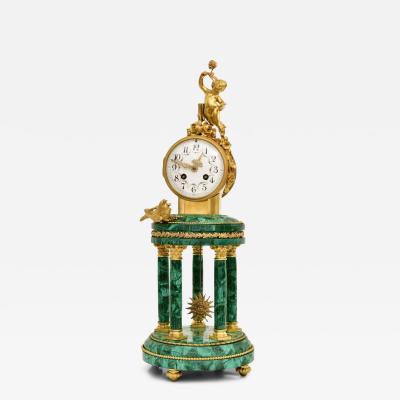 Antique Neoclassical Louis XVI Gilt Bronze Malachite Mantel Clock