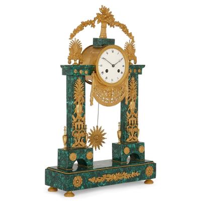 Antique Neoclassical Louis XVI gilt bronze and malachite clock