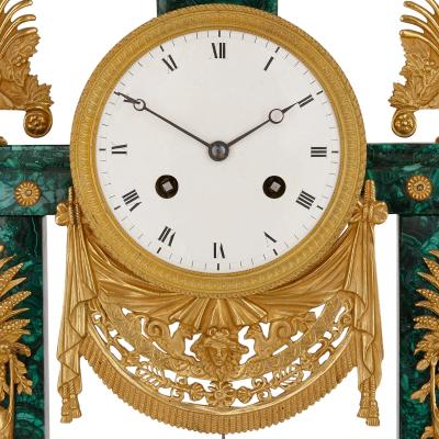 Antique Neoclassical Louis XVI gilt bronze and malachite clock