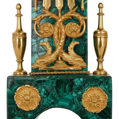 Antique Neoclassical Louis XVI gilt bronze and malachite clock