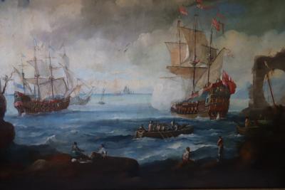 Antique Oil Painting on Canvas Coastal Scene with Galleons 18th century