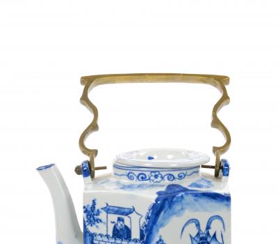Antique Oversized Blue and White Chinoiserie Porcelain Tea or Coffee Pot