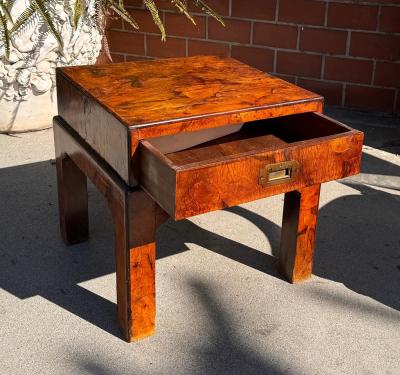Antique Oyster Burl Walnut Campaign Low Nightstand or Side Table