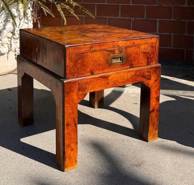 Antique Oyster Burl Walnut Campaign Low Nightstand or Side Table