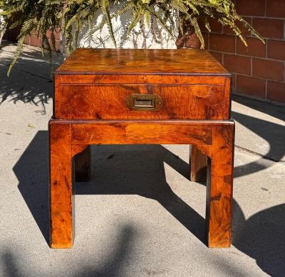 Antique Oyster Burl Walnut Campaign Low Nightstand or Side Table