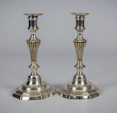 Antique Pair French 18th Century Silver Plate Candlesticks