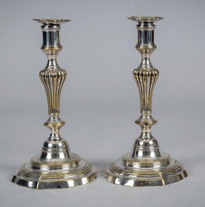 Antique Pair French 18th Century Silver Plate Candlesticks