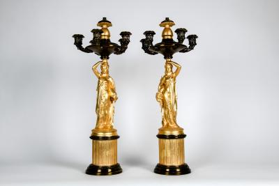 Antique Pair French Five Arms Bronze Porcelain Candelabras