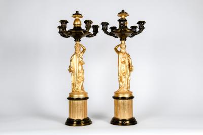 Antique Pair French Five Arms Bronze Porcelain Candelabras