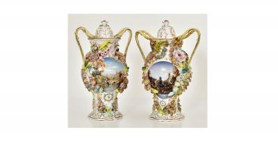 Antique Pair Hand Painted Porcelain Covered Urns by Jacob Petit French 1868
