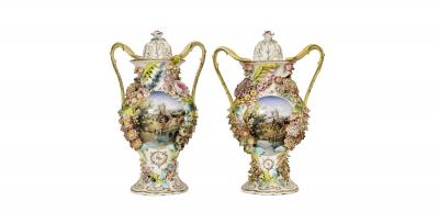 Antique Pair Hand Painted Porcelain Covered Urns by Jacob Petit French 1868