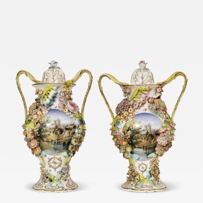 Antique Pair Hand Painted Porcelain Covered Urns by Jacob Petit French 1868