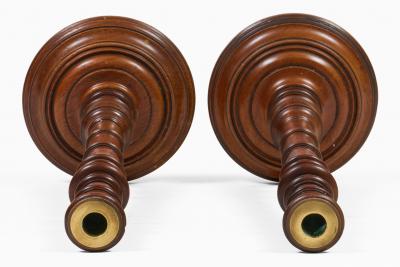 Antique Pair Mahogany Tall Turned Candlesticks
