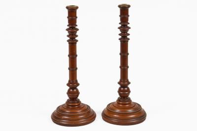 Antique Pair Mahogany Tall Turned Candlesticks