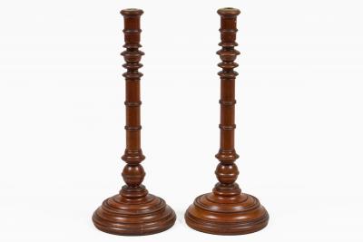 Antique Pair Mahogany Tall Turned Candlesticks