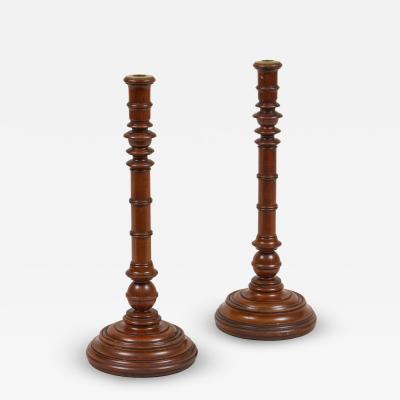 Antique Pair Mahogany Tall Turned Candlesticks
