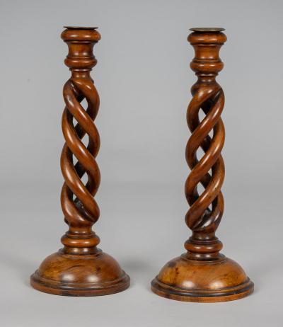 Antique Pair Yew Wood Open Barley Twist Candlesticks