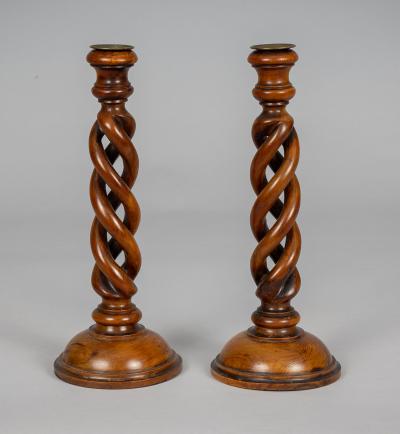 Antique Pair Yew Wood Open Barley Twist Candlesticks